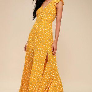 Yellow Floral Print Backless Maxi Dress